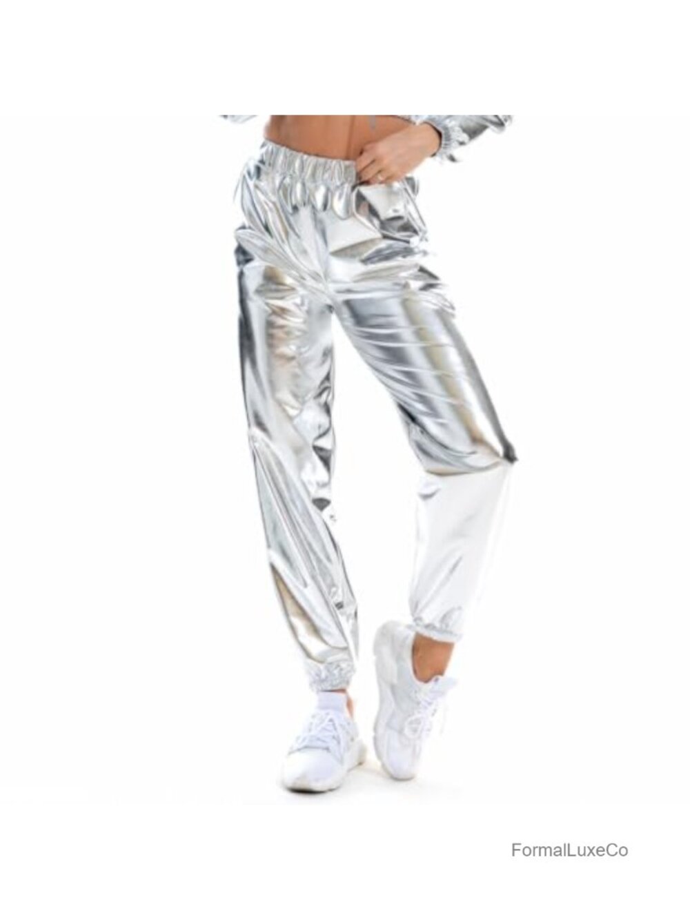 Metallic Shiny High Waisted Jogger Pants with Pockets